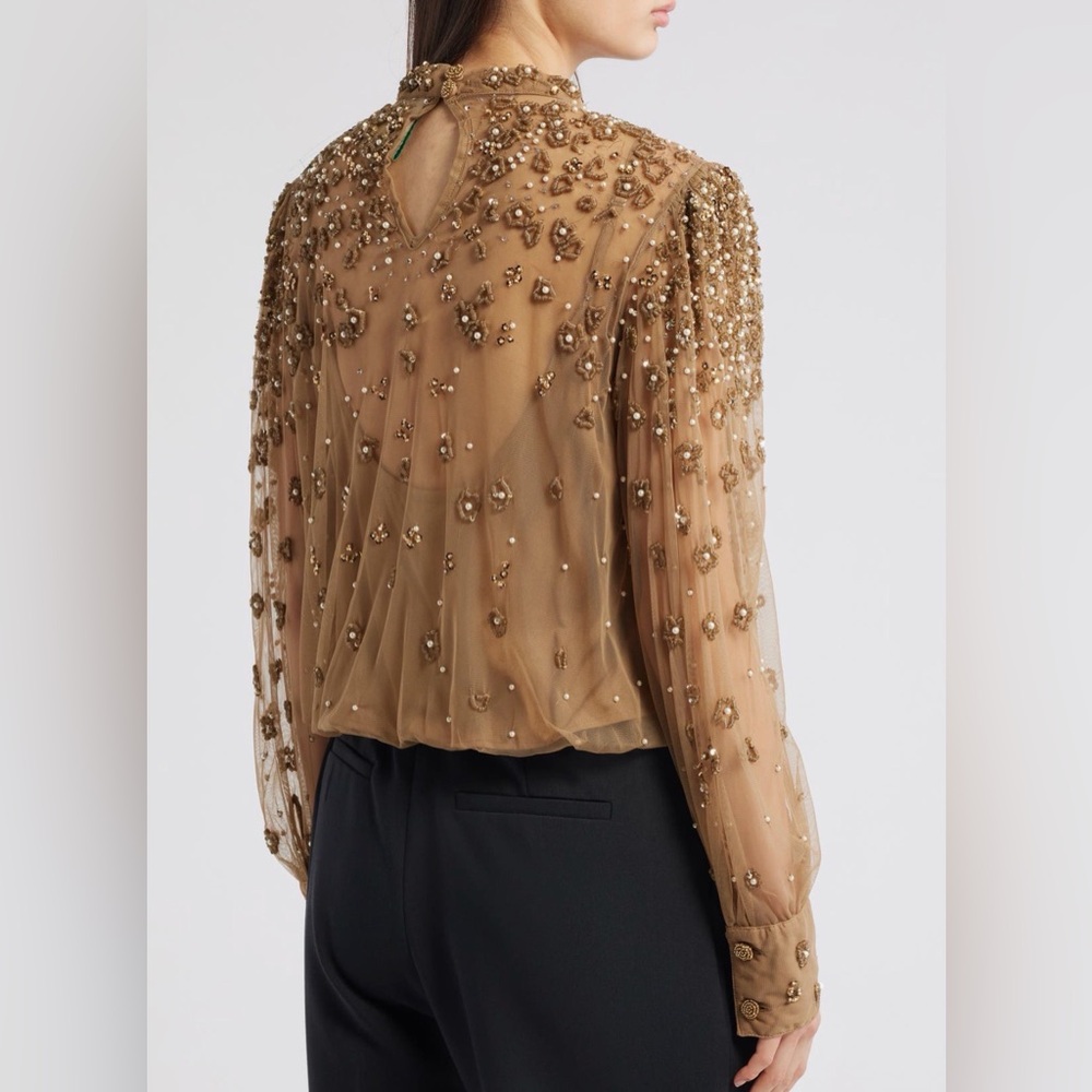 Farm Rio Embroidered Tulle Lined Blouse in Caramel - Picture 4 of 6